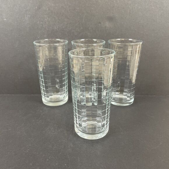 4 Pasabache Optic Block Clear 8 oz Tumblers 5" Geometric Grid Glasses Signed - Picture 1 of 6